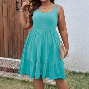 Plus size sleeveless teal A-line dress with pleated hem and ruffled details for women