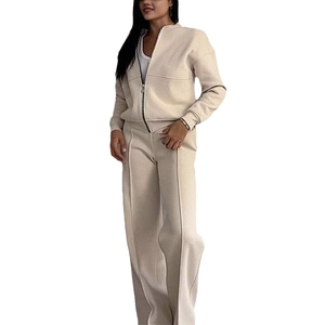 Women's two-piece casual beige tracksuit with zip-up jacket and wide-leg trousers
