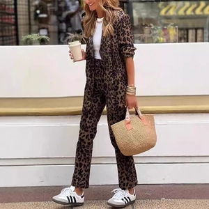 Women Leopard Print Blazer And Pants Long Sleeve Notch Lapel Suit Fashion Streetwear Top And Bottom Outfit