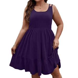 Women's plus size sleeveless purple midi dress with empire waist and ruffled hem