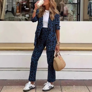 Women's chic navy leopard print suit set featuring a lapel blazer and high-waist trousers