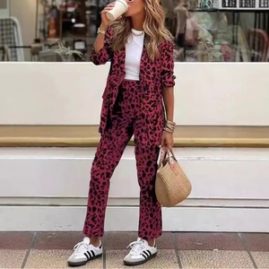 Women's chic rose red leopard print blazer and high-waisted trousers two-piece set