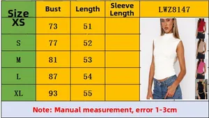Detailed size chart for the slim fit mock neck sleeveless top with measurement guide