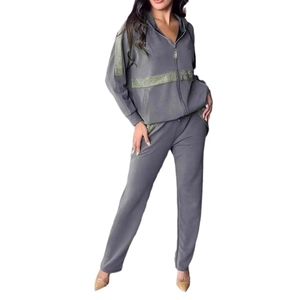 Ensemble gris pour femme avec sweat à capuche et pantalon à rayures de paillettes vertes