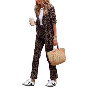 Women's 2-piece leopard print set with lapel long sleeve blazer and high waist trousers
