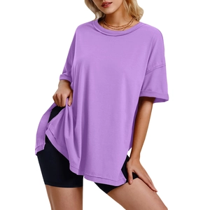 Detail of oversized purple crewneck T-shirt with side slit and premium soft fabric drape
