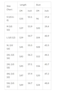 Detailed size chart for women long dress ranging from S to 5XL with measurements