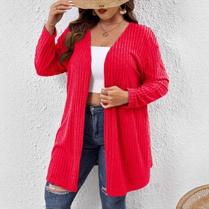 Cardigan rosso a maniche lunghe in maglia a coste con scollo a V e taglio lungo casual