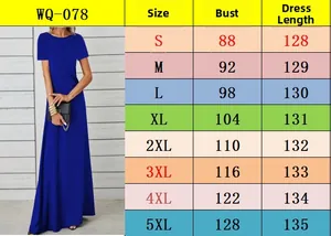 Detailed size chart for women's round neck solid short sleeve maxi dress from S to 5XL