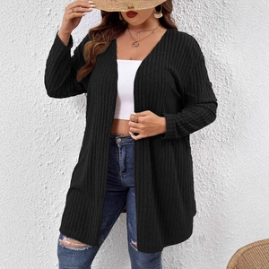 Cardigan nero da donna in maglia a costine a maniche lunghe, design aperto con scollo a V