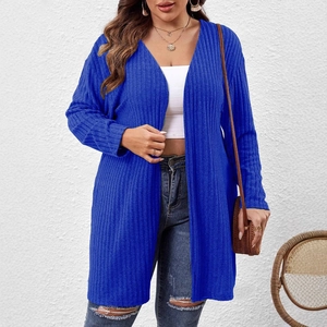 Cardigan lungo da donna blu reale in maglia a costine con apertura anteriore