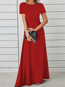 Detail view of red short sleeve maxi dress with round neck and flowing skirt design