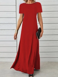 Detail view of the vibrant red crewneck maxi dress with smooth fabric texture