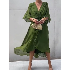 Women V-Neck Batwing Sleeve Maxi Dress Solid Color Tie Waist Irregular Hem Elegant Pleated Polyester Chiffon Casual Dress