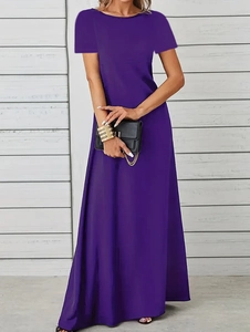 Detail of dark purple crewneck short sleeve maxi dress with straight cut and casual style