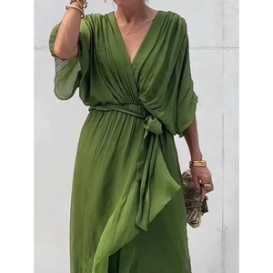 Grass green V-neck dress with batwing sleeves and adjustable waist tie for women