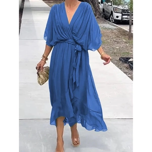Detail of V-neck wrap dress with drawstring waist and elegant batwing sleeves