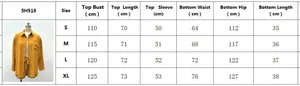 Tableau des tailles détaillé pour ensemble chemise et short femme, dimensions de S à XL