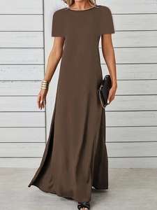 Detail of coffee brown short sleeve maxi dress with minimalist round neck and loose fit