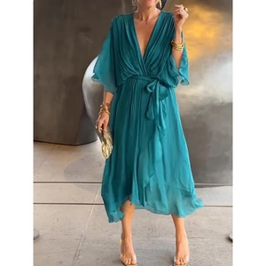 Peacock blue pleated V-neck dress with high waist tie and batwing sleeves detail