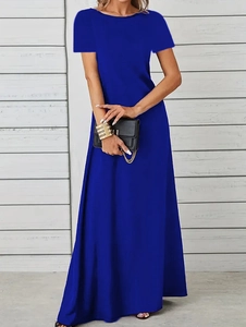 Detail of royal blue short sleeve maxi dress showing round neck and smooth fabric drape