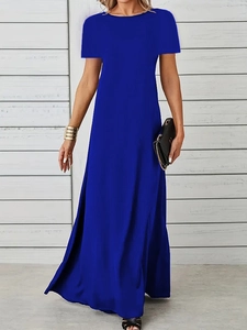 Detail shot of royal blue short sleeve maxi dress with round neck and premium draping