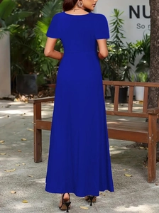 Detail view of royal blue short sleeve dress showing the elegant back design and fit