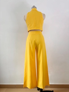 Rear view of vibrant yellow two-piece set featuring sleeveless crop top and wide-leg pants