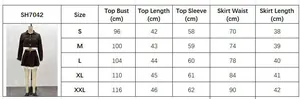 Detailed size chart for the women's two-piece skirt set with shirt measurements