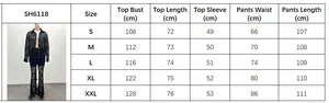 Size chart for black lace two-piece shirt and trousers set showing S to XXL dimensions