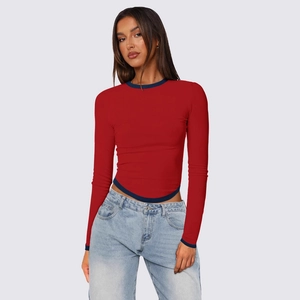 Γυναικείο Slim Fit Ribbed Μακρυμάνικο T-Shirt με Αντίθεση Round Neck Curved Hem Casual Crop Top Φθινόπωρο Χειμώνας Tee