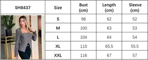 Detailed size chart for solid color long sleeve blazer including bust and length data