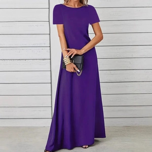 Deep purple short sleeve maxi dress with round neck and elegant flowing silhouette
