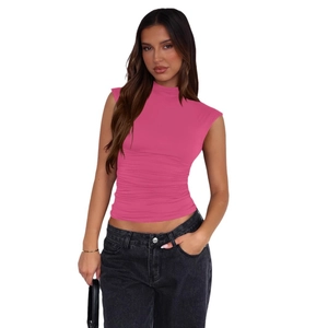 Slim fit sleeveless high neck ruched top in vibrant pink with elegant waist pleats