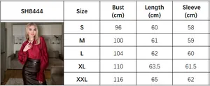 Detailed size chart for red long sleeve women blouse including bust and sleeve measurements