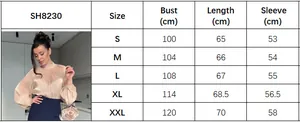 Size chart showing bust and length for beige high-neck puff sleeve blouse SH8230