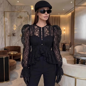Élégant Chemisier Manches Longues en Dentelle Noire pour Femme Style Français Vintage Bouton Künstliche Perle Ourlet Basque Haut de Soirée