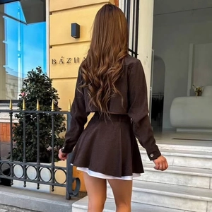Women's two-piece set featuring long sleeve short top and brown pleated skirt back view