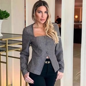 Women's gray square-neck blazer with long sleeves and three buttons for business casual style