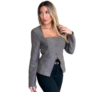 Women's professional grey long sleeve cropped jacket with square neck and textured fabric