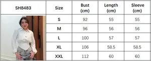 Detailed size chart for white long sleeve lapel blouse with waist-defining cut details