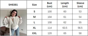 Detailed size chart for white draped long sleeve blouse with chest and length measurements