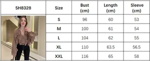 Detailed size chart for women ruffle V-neck blouse with bust and sleeve length data