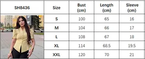 Detailed size chart for the V-neck cinched waist shirt with sleeve and bust measurements