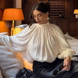 Französisch Elegante Damen Satin Falten Stehkragen Bluse Einfarbig Laternenärmel Lockere Passform Langarmhemd Top Für Büro Party