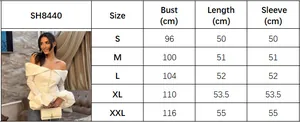Detailed size chart for white off-shoulder lace-up top showing S to XXL dimensions