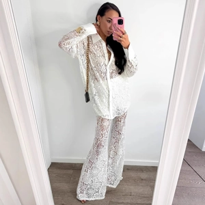 Women Floral Lace Outfit Long Sleeve Hollow Out Shirt And High Waist Flare Pants Elegant Commute Fashion Solid Color Clothing