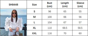Size chart showing S-XXL dimensions for long sleeve ruffle blouse with chest and length data