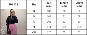 Size chart for black long sleeve shirt detailing bust, length, and sleeve measurements