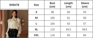 Detailed size chart for long sleeve bow blouse showing bust and length measurements